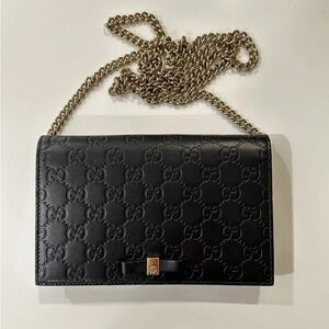 Gucci Black Leather Crossbody with Gold Chain